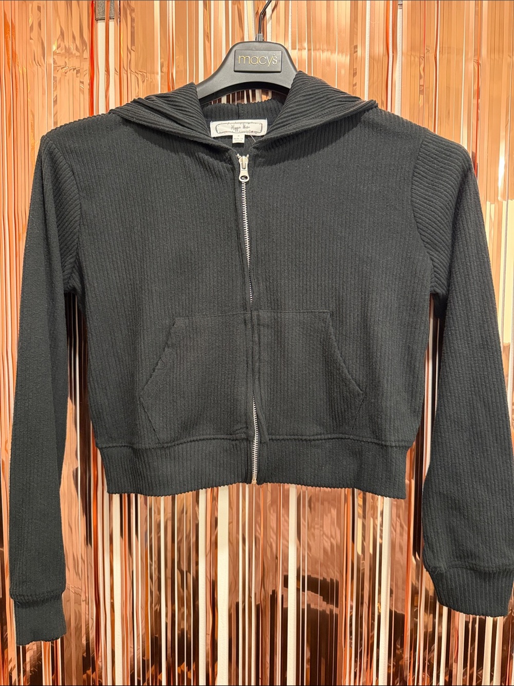 Hippie Rose Black Cropped Ribbed Zip Hoodie NWOT S